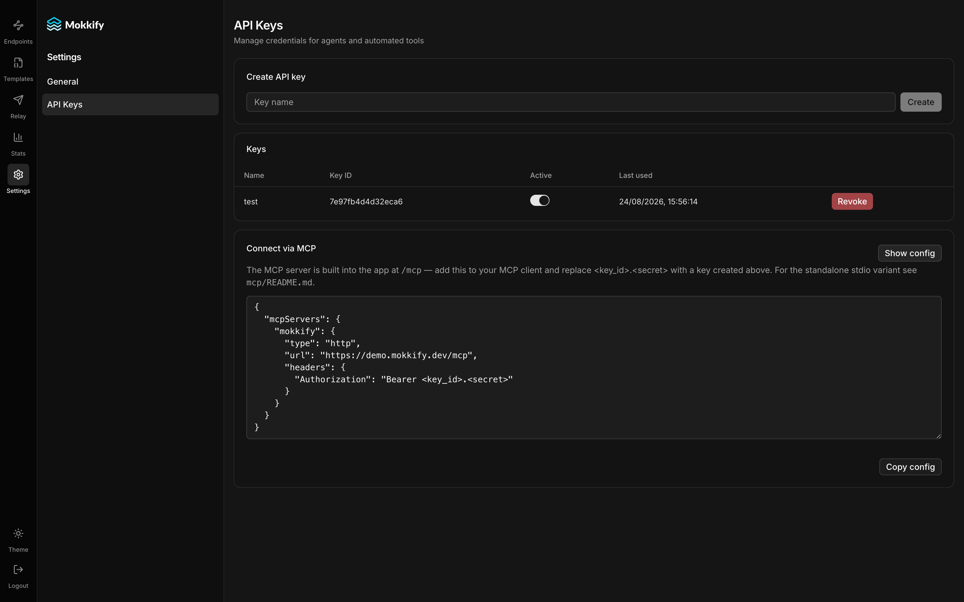 Mokkify API Keys screen with the Connect via MCP config expanded